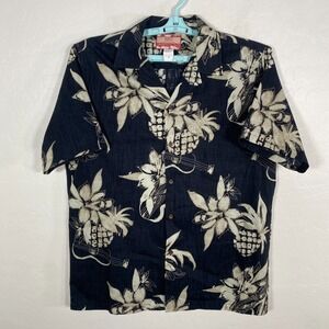 RJC Shirt Mens Large Black Hawaiian Camp Button Up Floral Pineapple Ukulele
